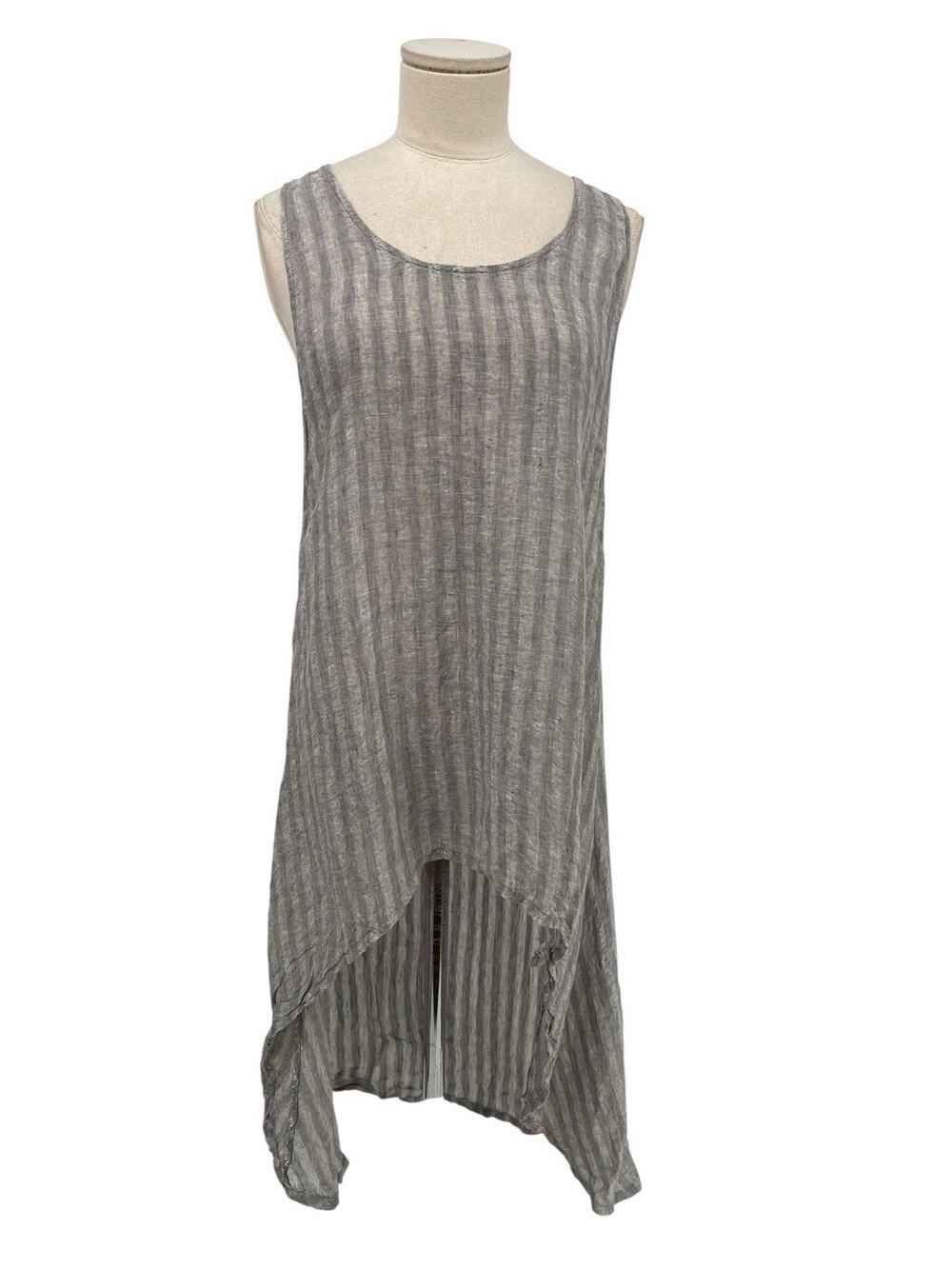 Chalet Tunic Top Layering Sleeveless High Low Gray Stripe Linen Size Medium